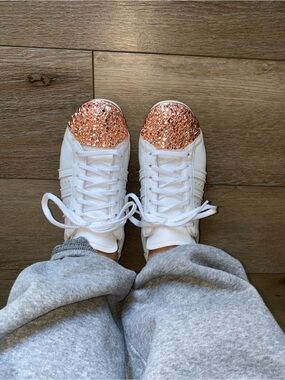 adidas Originals White Sneakers with Rose Gold Glitter Toe